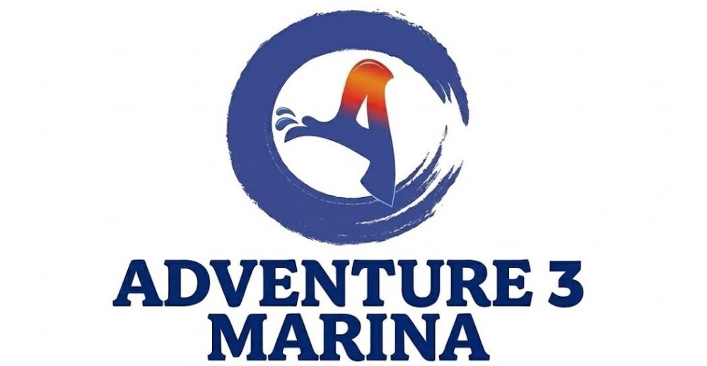 Blue logo with wave and bird, text: Adventure 3 Marina.