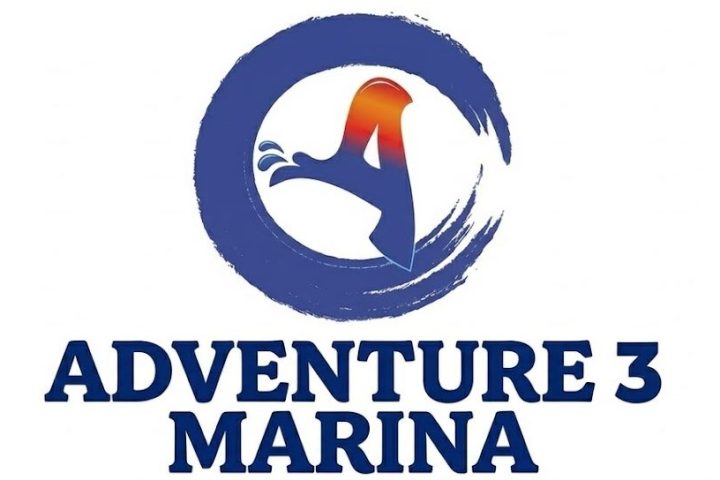 Blue logo with wave and bird, text: Adventure 3 Marina.