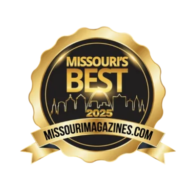 Missouri's Best 2025 gold badge with skyline and website missourimagazines.com