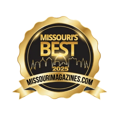 Missouri's Best 2025 gold badge with skyline and website missourimagazines.com