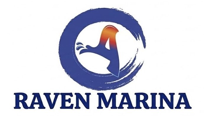 Logo with bird and blue swirl above the text 'Raven Marina'.