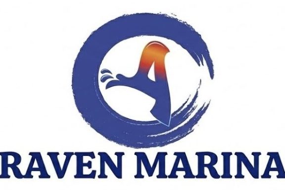 Logo with bird and blue swirl above the text 'Raven Marina'.