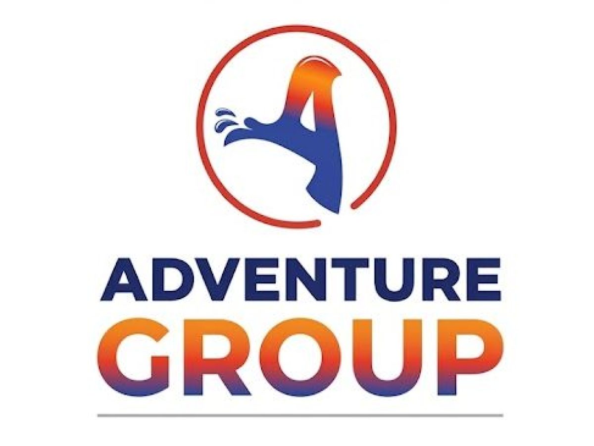 Logo with eagle silhouette and text 'Adventure Group' in gradient colors.