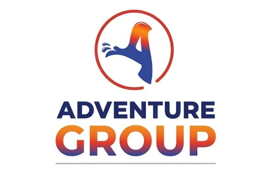 Logo with eagle silhouette and text 'Adventure Group' in gradient colors.