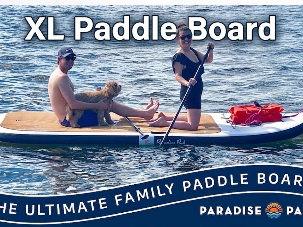 Two people on a paddle board with a dog on water.
