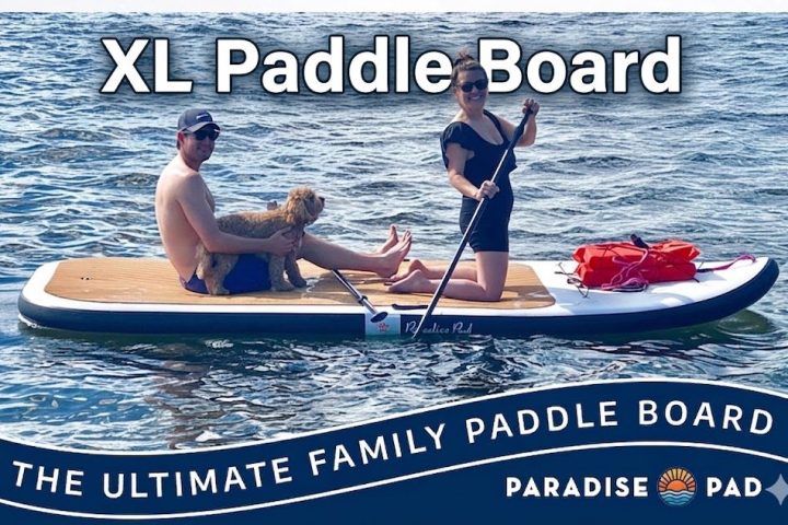 Two people on a paddle board with a dog on water.