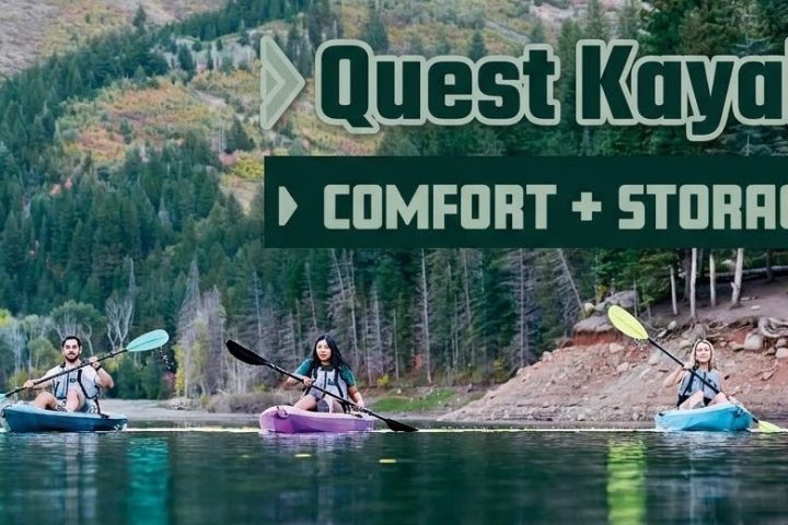 Three kayakers on a lake with features: seat, footwells, bungees. Text: Quest Kayak, Comfort + Storage.