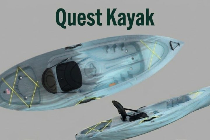 Quest Kayak with features: paddle keeper, adjustable foot braces, internal dry storage.