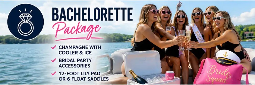 Group of women celebrating a bachelorette party on a party boat, holding drinks.
