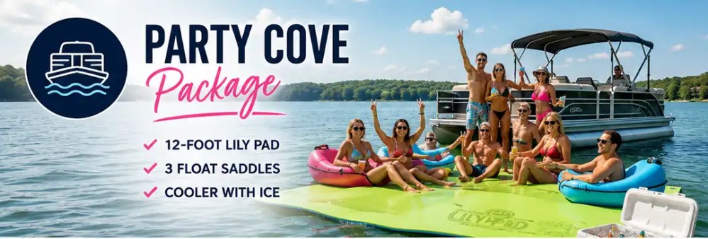 Group relaxing on a floating pad near a boat boat on a lake with the Party Cove Package