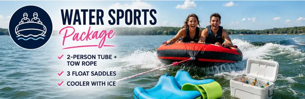 Two people tubing on water, boat towing, checklist of sports package items shown.